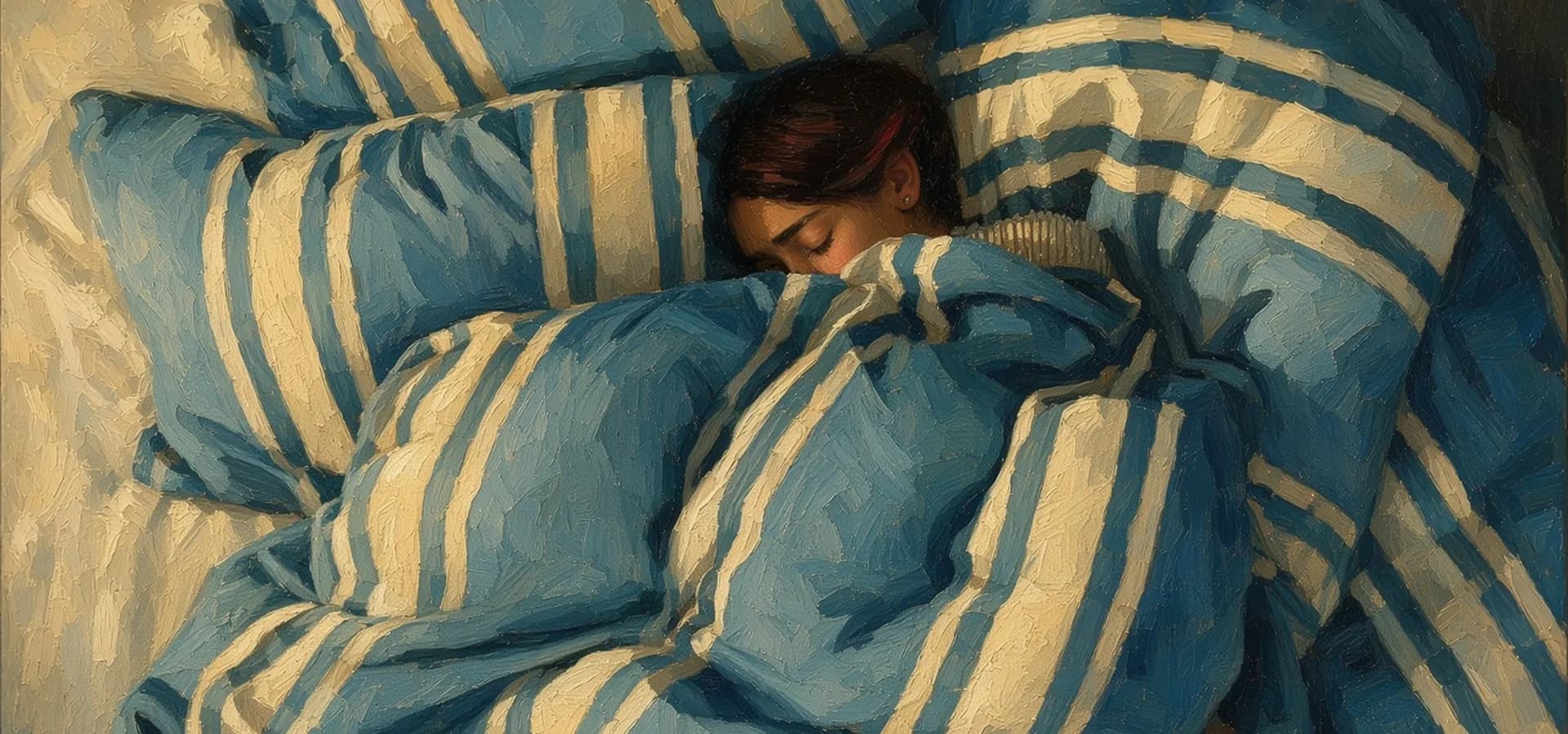 Maleri sett ovenfra av en person som sover under en blå- og hvitstripet dyne