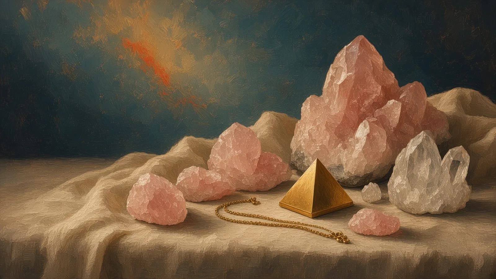 Maleri av flere klynger av rosakvarts og klare krystaller, en liten gyllen pyramide og en tynn gullkjede på grovt lin