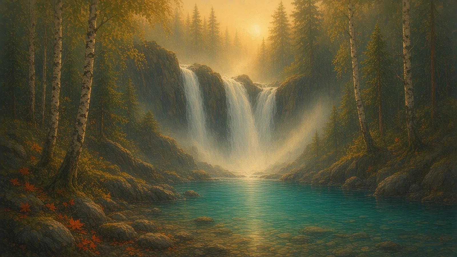 Maleri av en norsk foss som faller over mosegrodde steiner ned i en krystallklar, turkis kulp med synlige steiner på bunnen, omgitt av bjørk og gran i gyllent morgenlys