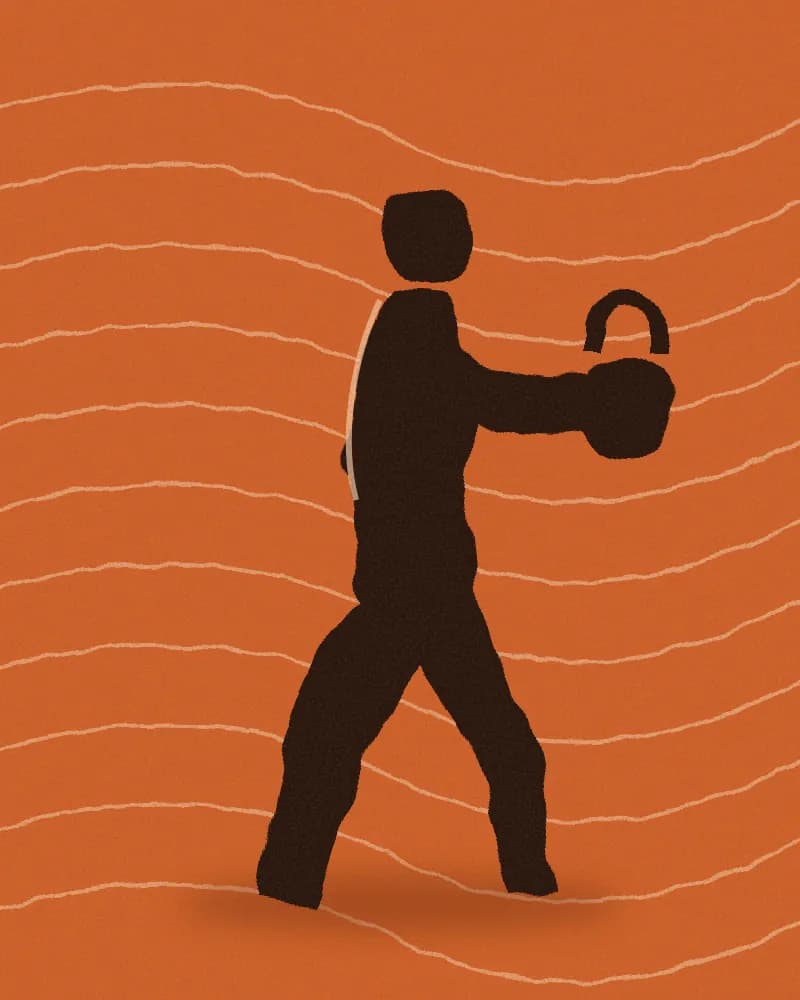 Illustrasjon av en mørk skikkelse som bærer en kettlebell mot en oransje bakgrunn med bølgende linjer