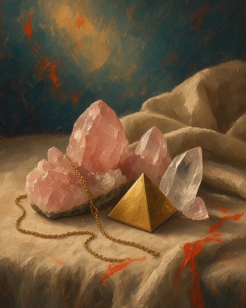 Maleri av rå rosakvarts og klare krystaller, en liten gyllen pyramide og en tynn gullkjede på grovt lin, mot en mørk blågrønn bakgrunn