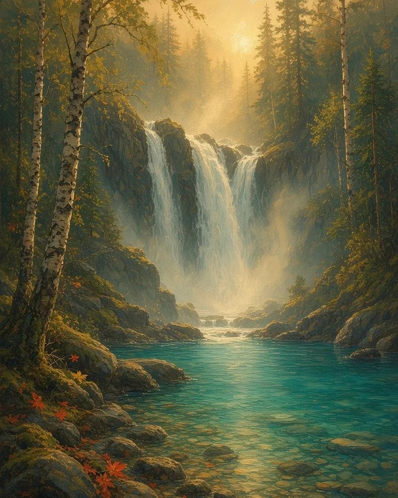 Maleri av en norsk foss som faller over mosegrodde steiner ned i en krystallklar, turkis kulp med synlige steiner på bunnen, omgitt av bjørk og gran i gyllent morgenlys