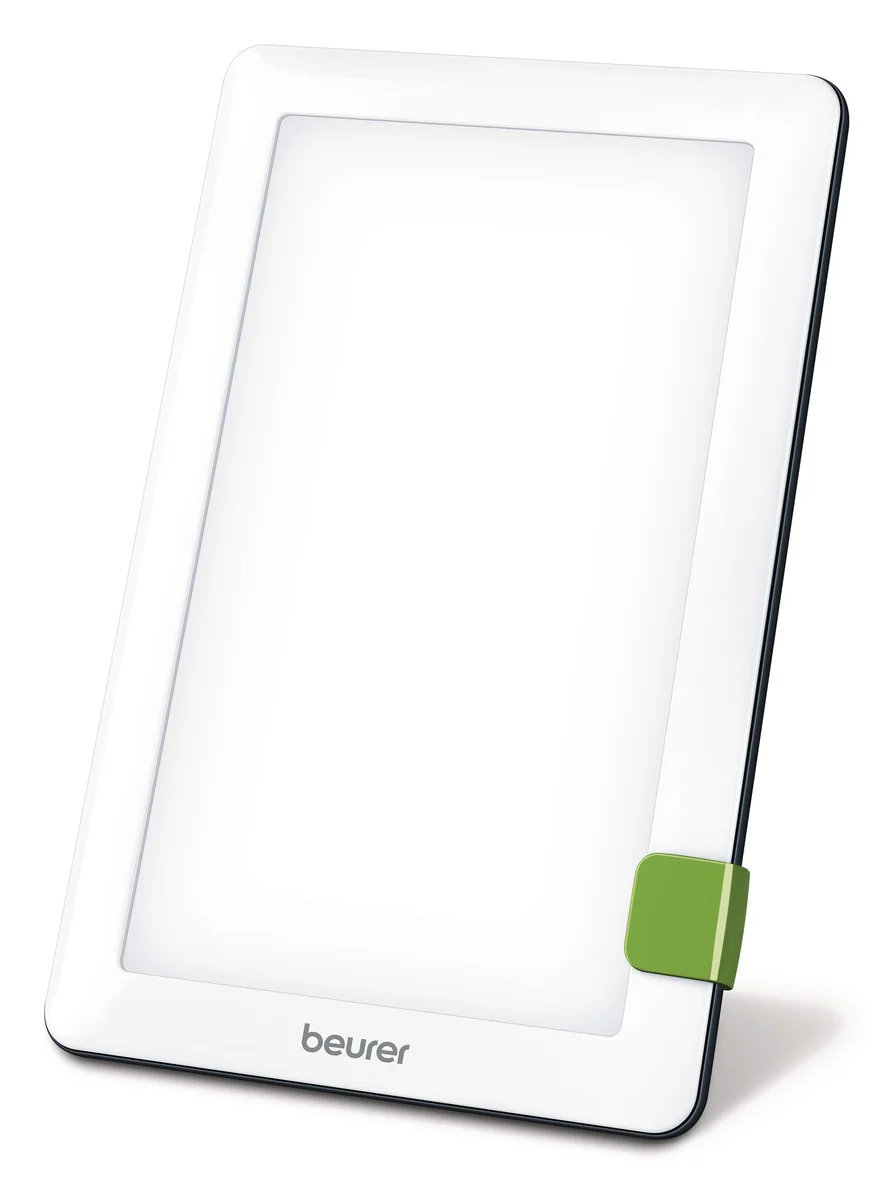 Beurer TL 30 dagslyslampe i hvitt, flat lampe i nettbrettformat med klappfot, sett forfra