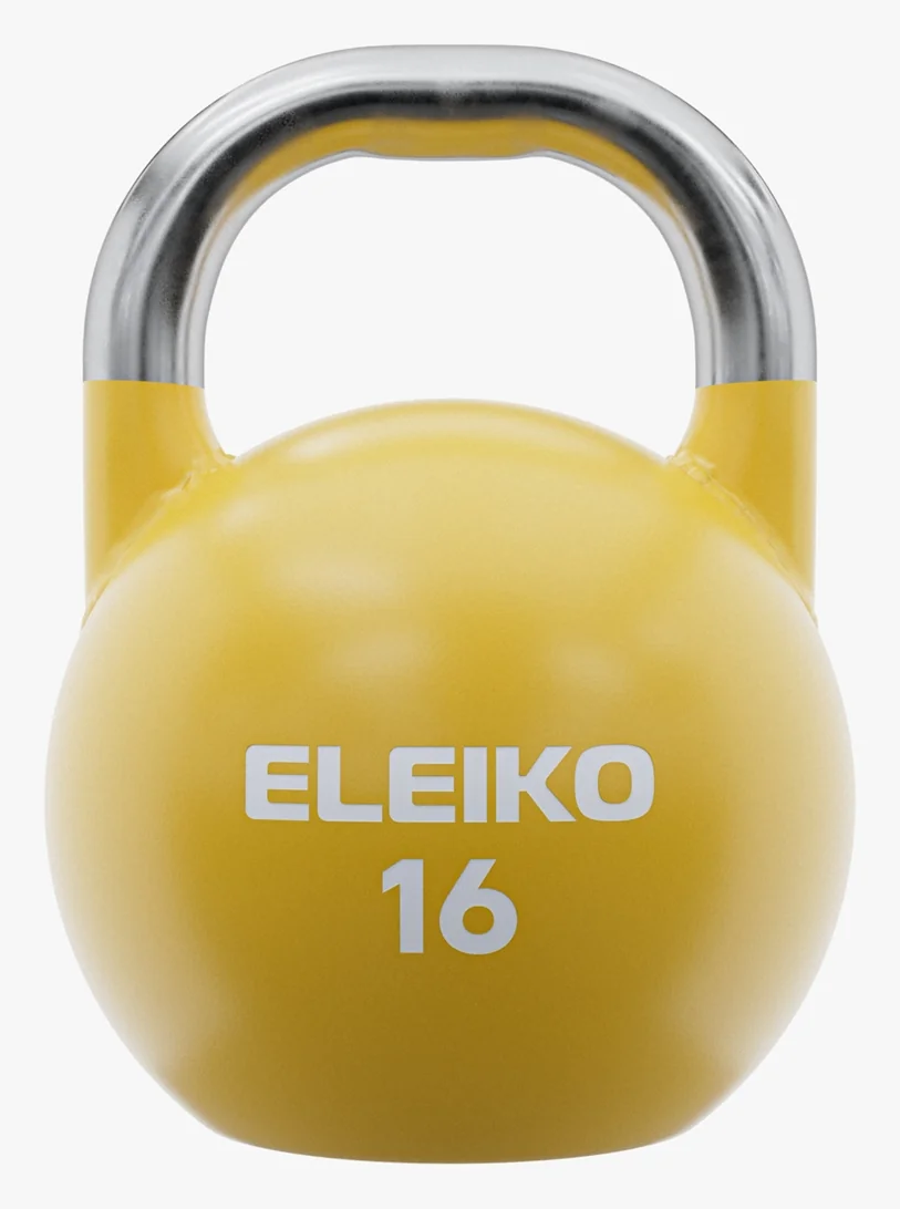 Gul Eleiko konkurransekettlebell på 16 kg med stålhåndtak, på hvit bakgrunn