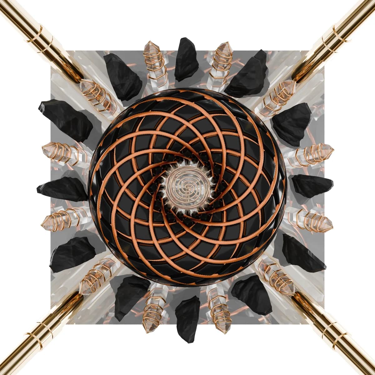 Sett ovenfra: en kuleformet torus med spiralmønster i kobberfarget tråd fylt med svarte steiner, på en kvadratisk pyramidebase med krystaller og fire gullfargede stenger i hjørnene