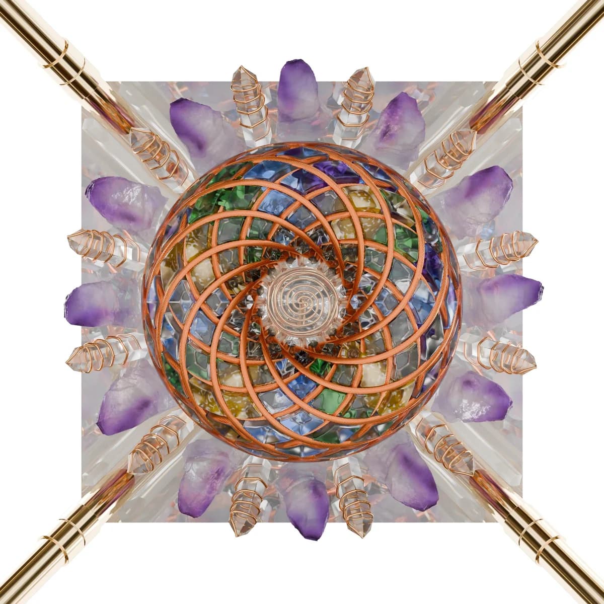 Sett ovenfra: en kuleformet torus med spiralmønster i kobberfarget tråd fylt med flerfargede steiner (blå, grønne og gule), på en kvadratisk pyramidebase med krystaller og fire gullfargede stenger i hjørnene