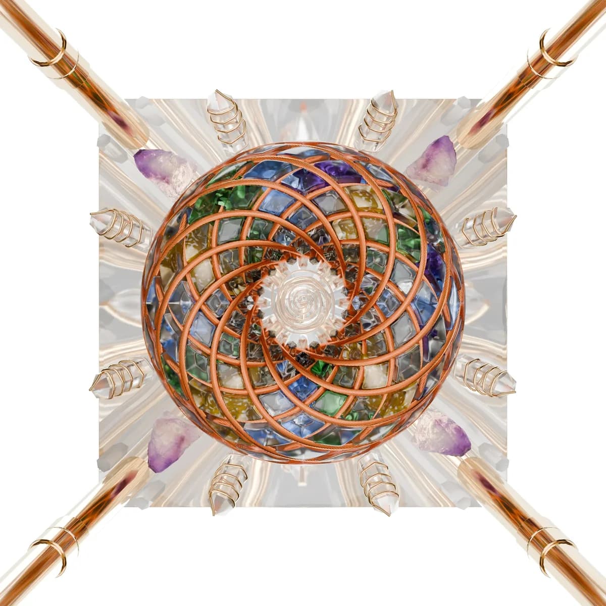 Sett ovenfra: en kuleformet torus med spiralmønster i kobberfarget tråd fylt med flerfargede steiner (blå, grønne og gule), på en kvadratisk pyramidebase med krystaller og fire gullfargede stenger i hjørnene