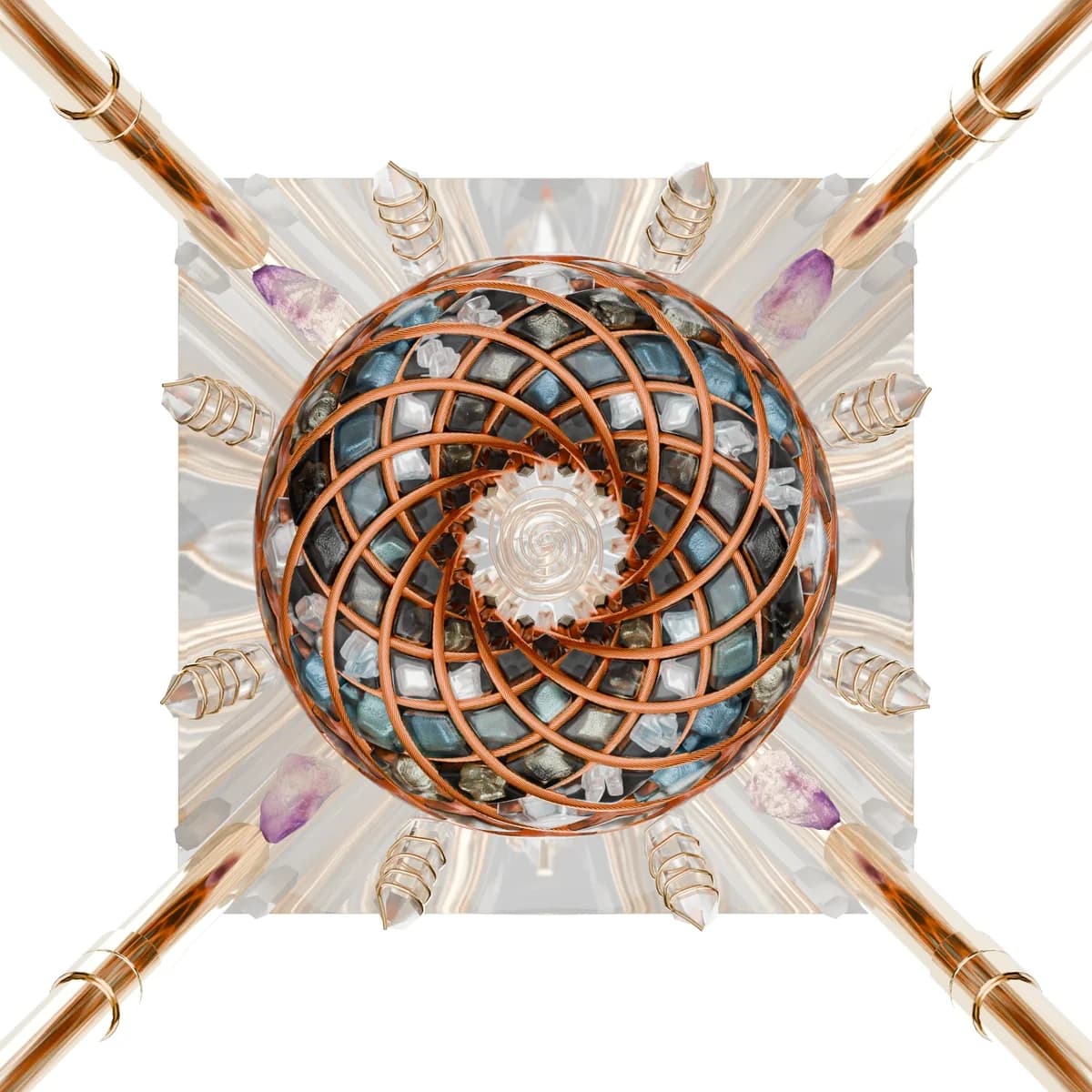 Sett ovenfra: en kuleformet torus med spiralmønster i kobberfarget tråd fylt med mørkeblå, grå og hvite steiner, på en kvadratisk pyramidebase med krystaller og fire gullfargede stenger i hjørnene