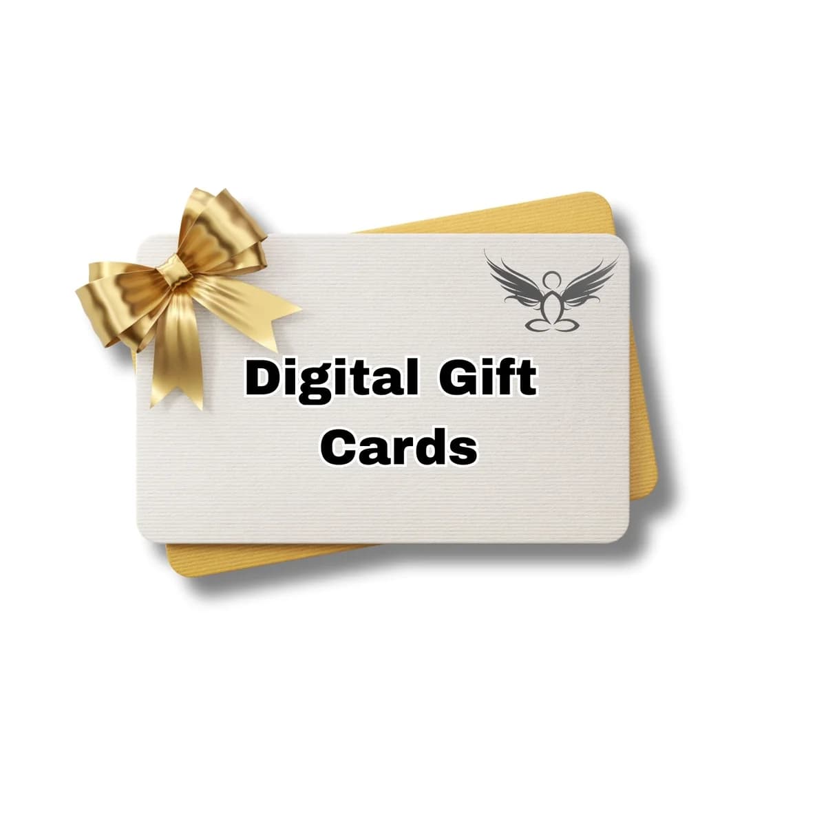 Beige gavekort med gullsløyfe og teksten «Digital Gift Cards» ved siden av et gult kort, på hvit bakgrunn