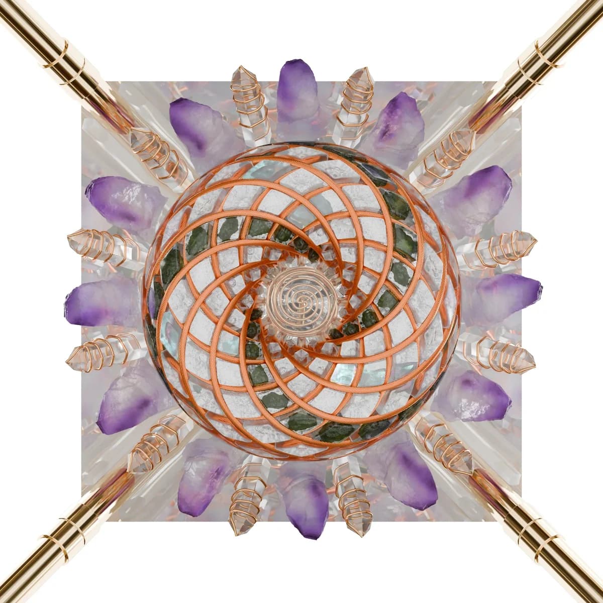 Sett ovenfra: en kuleformet torus med spiralmønster i kobberfarget tråd fylt med klare og hvite steiner med grønne innslag, på en kvadratisk pyramidebase med krystaller og fire gullfargede stenger i hjørnene