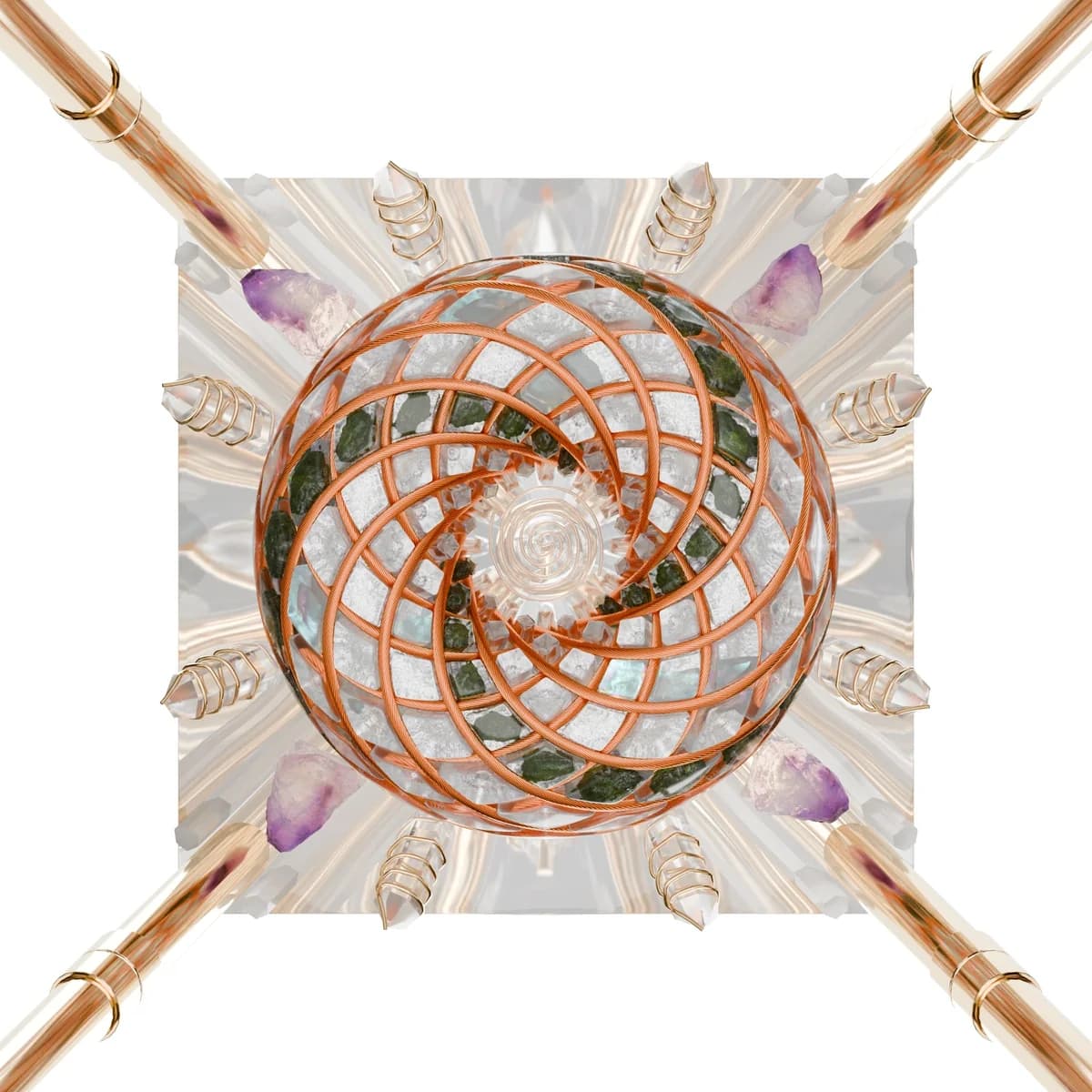 Sett ovenfra: en kuleformet torus med spiralmønster i kobberfarget tråd fylt med klare og hvite steiner med grønne innslag, på en kvadratisk pyramidebase med krystaller og fire gullfargede stenger i hjørnene