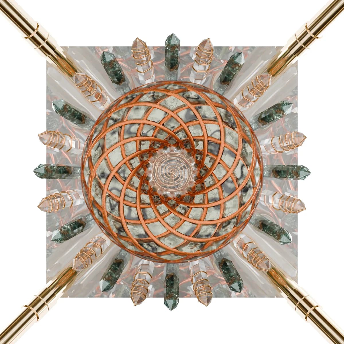 Sett ovenfra: en kuleformet torus med spiralmønster i kobberfarget tråd fylt med lyse beige og hvite steiner, på en kvadratisk pyramidebase med krystaller og fire gullfargede stenger i hjørnene