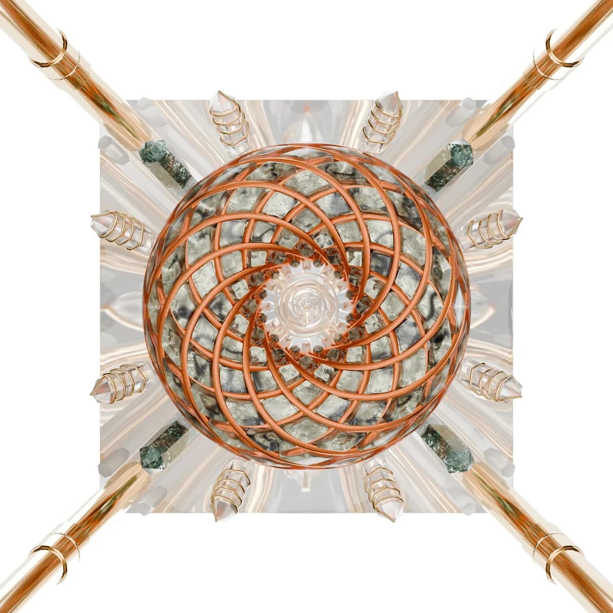 Sett ovenfra: en kuleformet torus med spiralmønster i kobberfarget tråd fylt med lyse beige og hvite steiner, på en kvadratisk pyramidebase med krystaller og fire gullfargede stenger i hjørnene