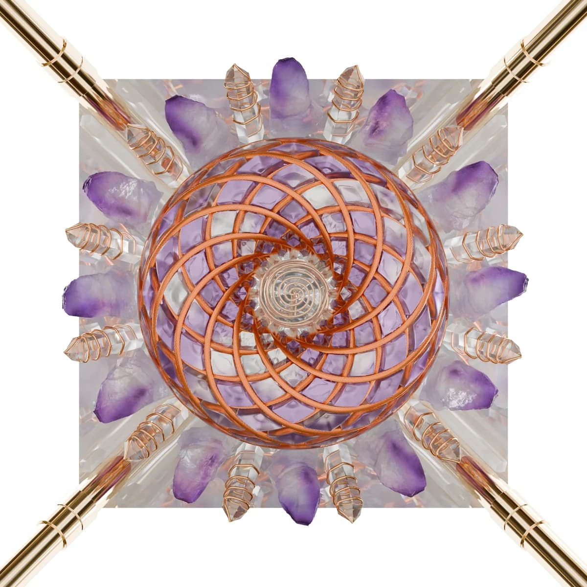 Sett ovenfra: en kuleformet torus med spiralmønster i kobberfarget tråd fylt med fiolette og lilla steiner, på en kvadratisk pyramidebase med krystaller og fire gullfargede stenger i hjørnene