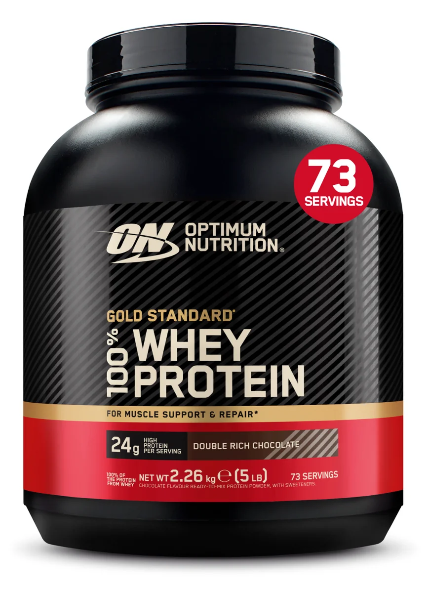 Svart og rød boks med Optimum Nutrition Gold Standard 100% Whey på hvit bakgrunn