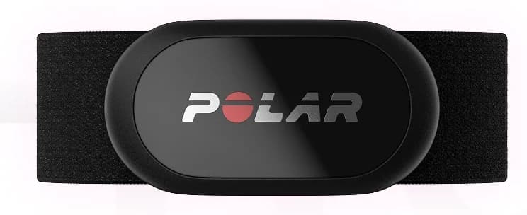 Sort Polar H10 pulssensor festet på elastisk bånd, på hvit bakgrunn
