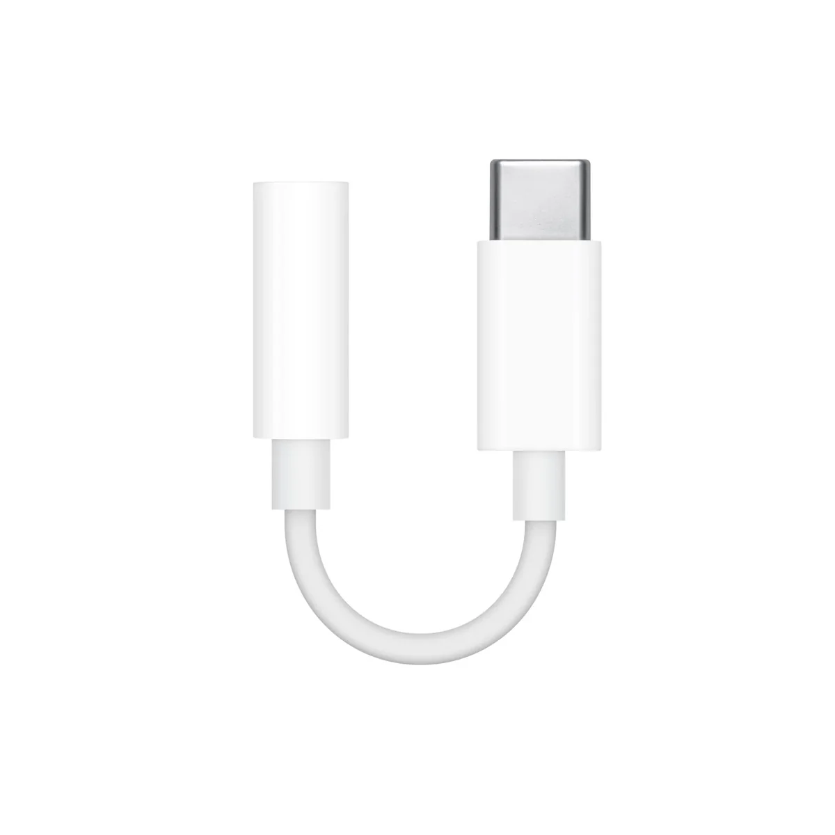 Hvit USB-C-adapter til 3,5 mm hodetelefonkontakt, på hvit bakgrunn