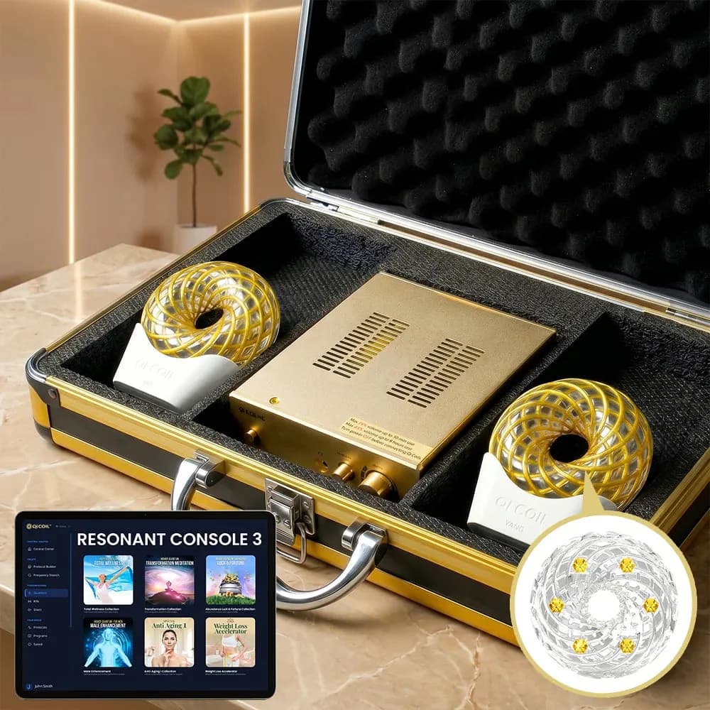 Åpen koffert med to gullfargede ringspoler og en gullfarget kontrollboks, med et nettbrett merket Resonant Console 3