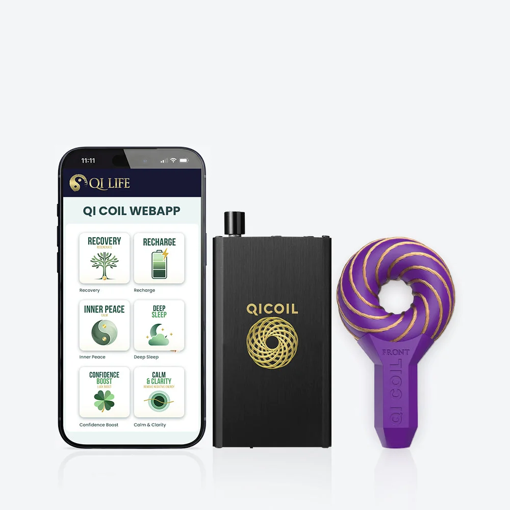 Mobiltelefon med appen «Qi Coil App», svart kontrollenhet og en lilla spiralformet håndspole