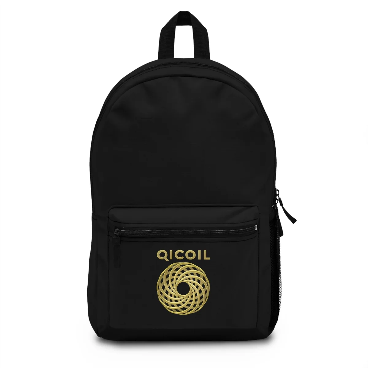 Svart ryggsekk med gullfarget Qi Coil-logo