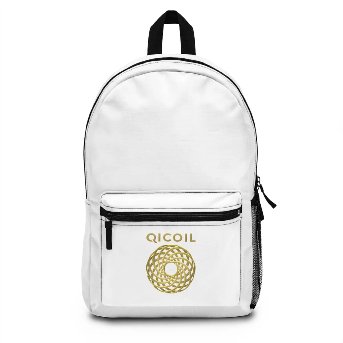 Hvit ryggsekk med gullfarget Qi Coil-logo