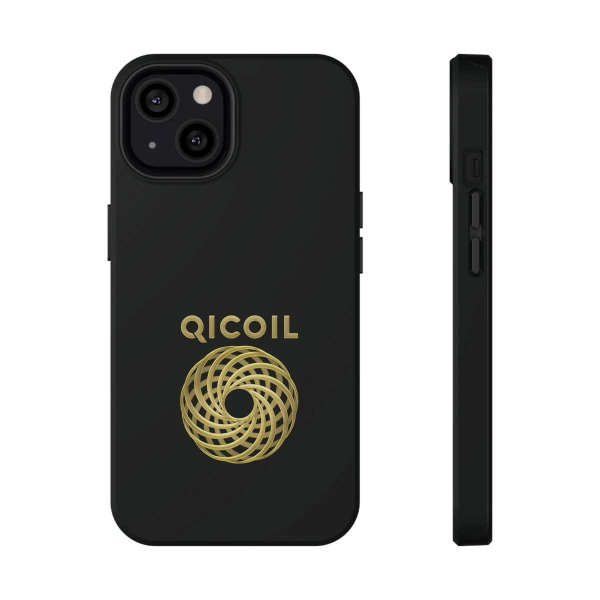 Svart mobildeksel til iPhone 13 med gullfarget Qi Coil-logo, sett forfra og fra siden