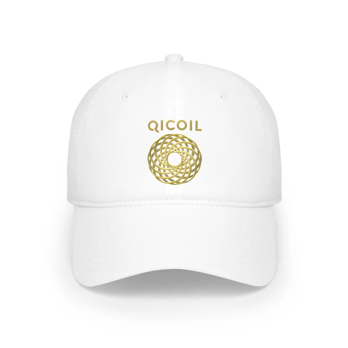 Hvit caps med gullfarget Qi Coil-logo