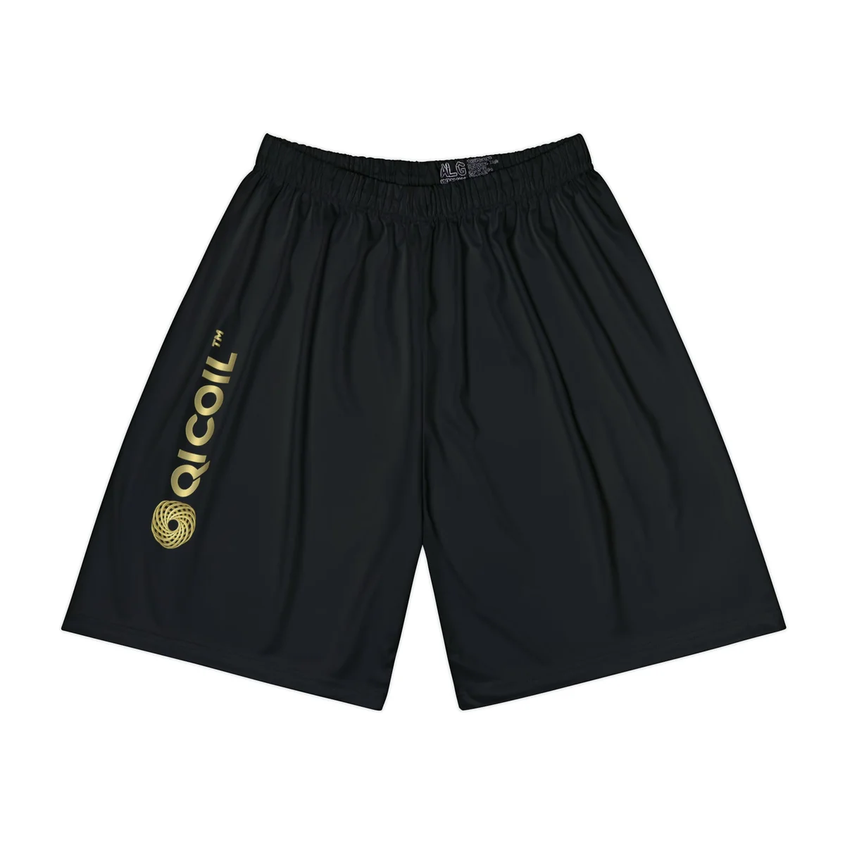 Svarte treningsshorts med gullfarget Qi Coil-logo på det ene beinet