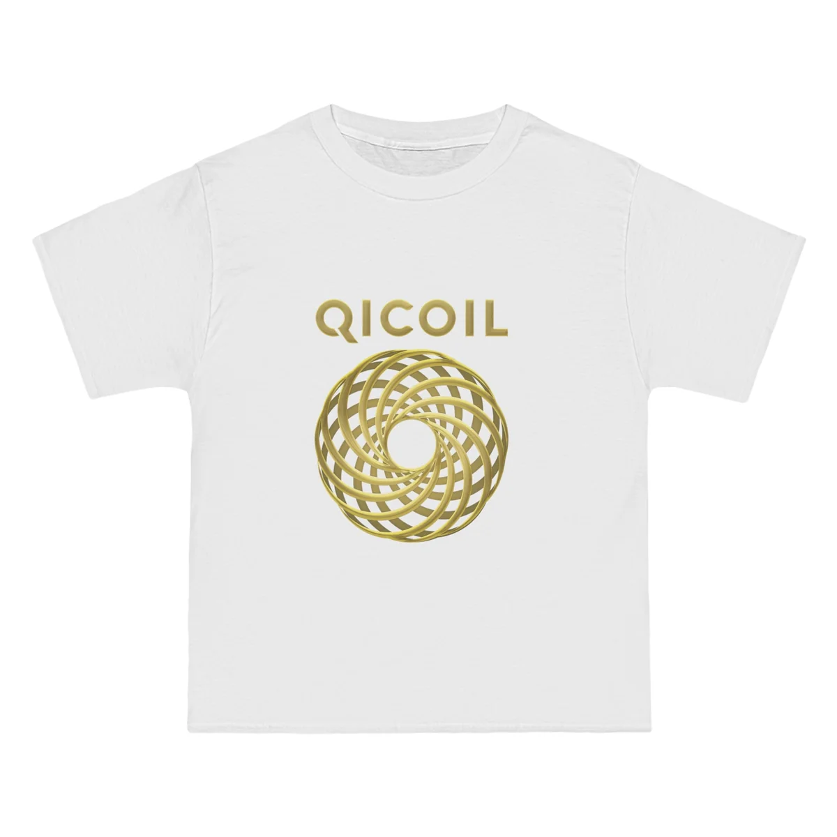 Hvit kortermet t-skjorte med gullfarget Qi Coil-logo