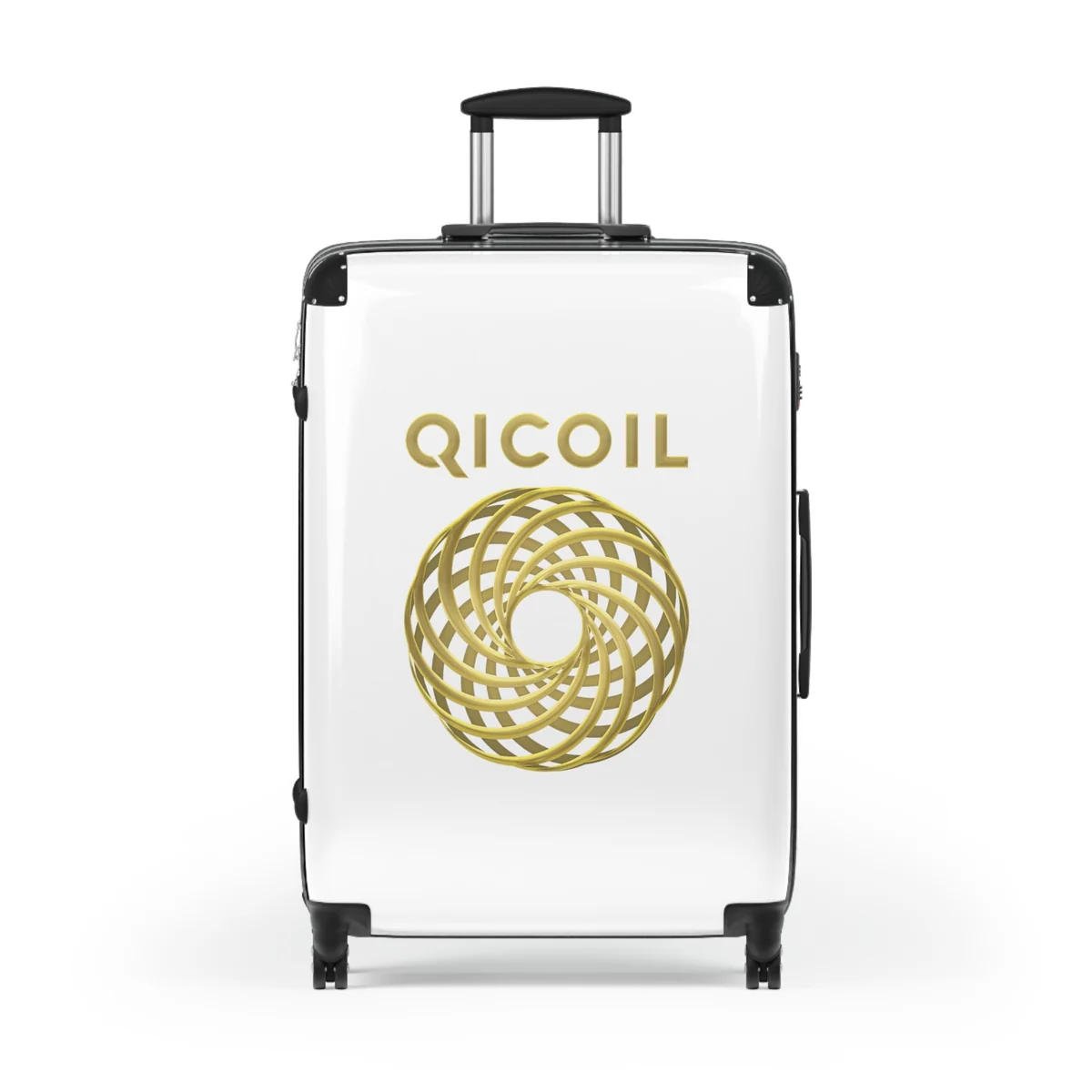 Hvit kabinkoffert på hjul med gullfarget Qi Coil-logo