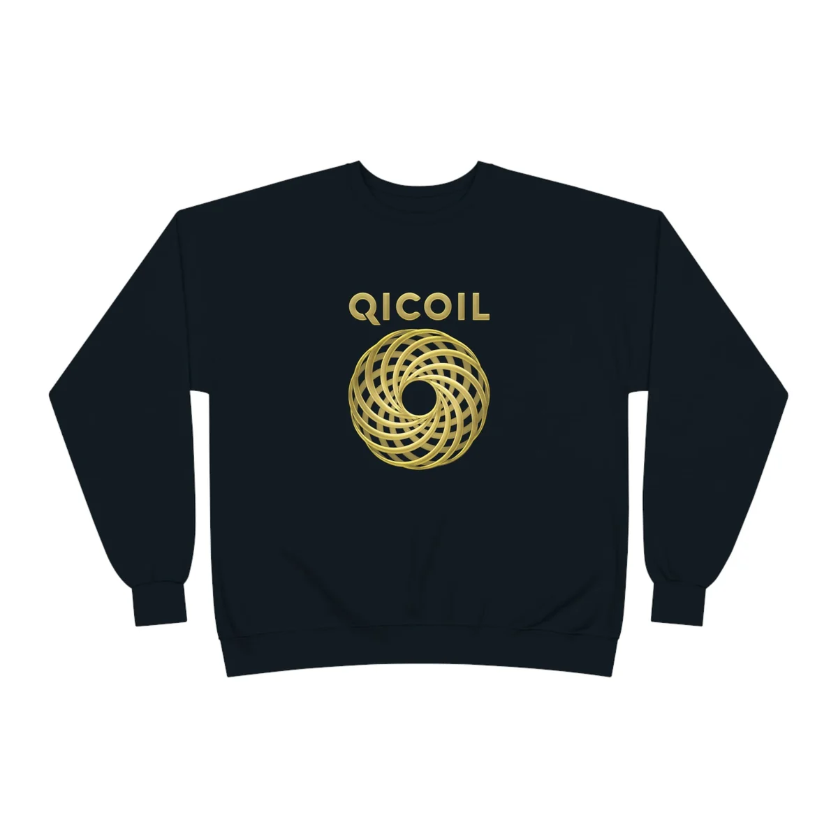 Marineblå genser med gullfarget Qi Coil-logo på brystet