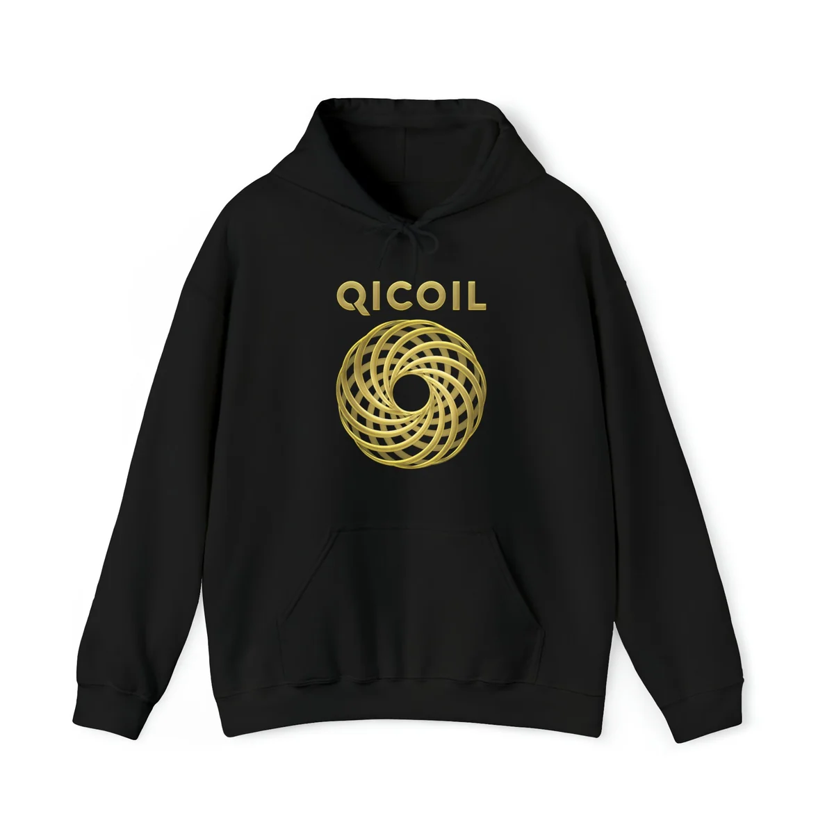 Svart hettegenser med gullfarget Qi Coil-logo på brystet