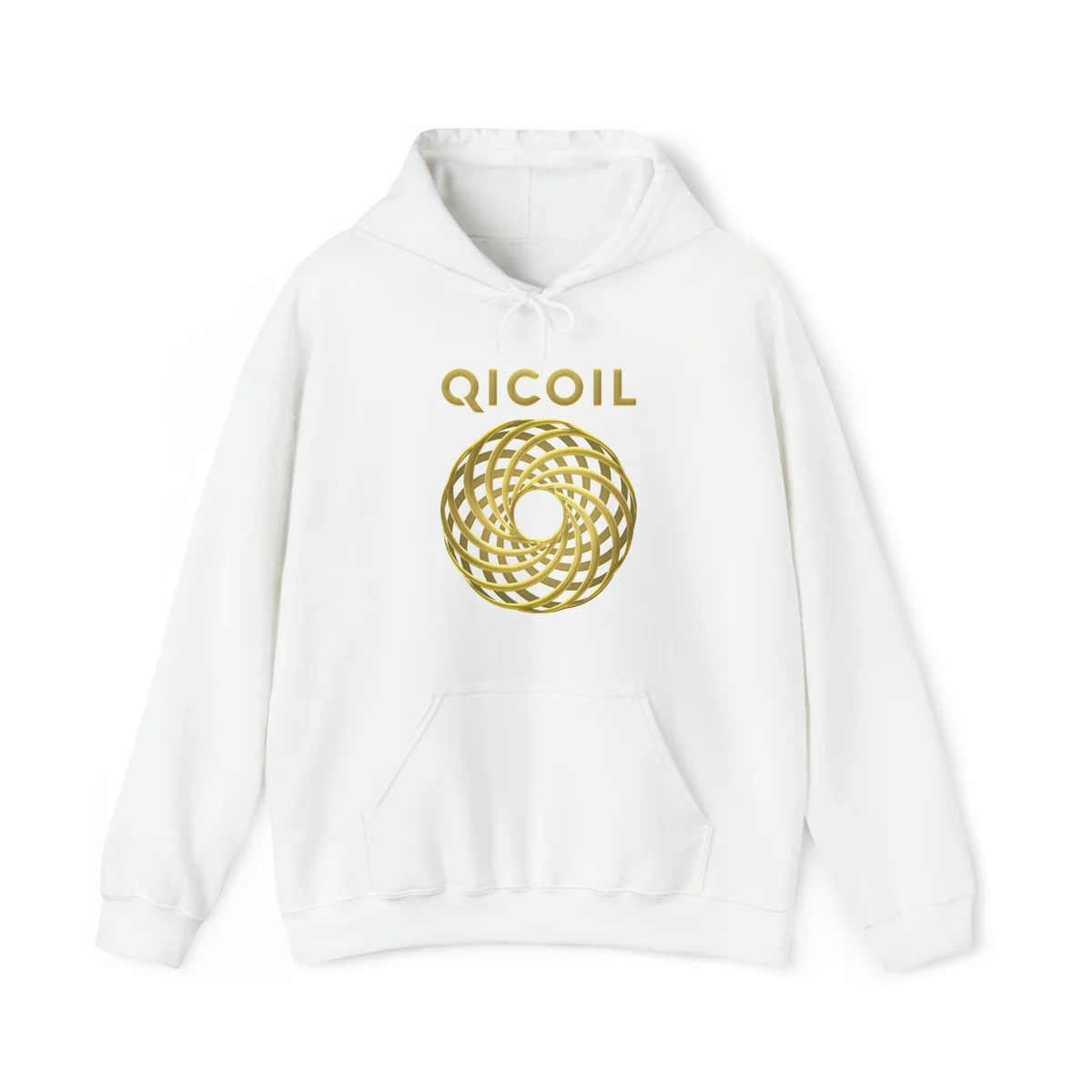 Hvit hettegenser med gullfarget Qi Coil-logo på brystet