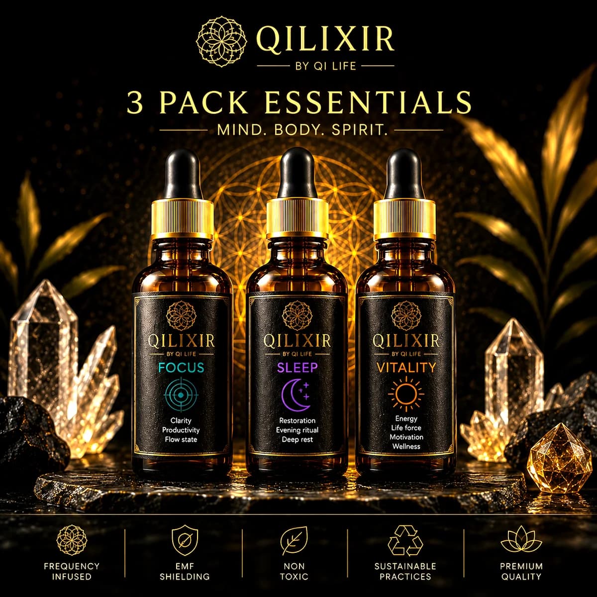 Tre mørke dråpeflasker med gullpipette og etiketter merket «Qilixir» foran en svart bakgrunn med krystaller og teksten «3 Pack Essentials»