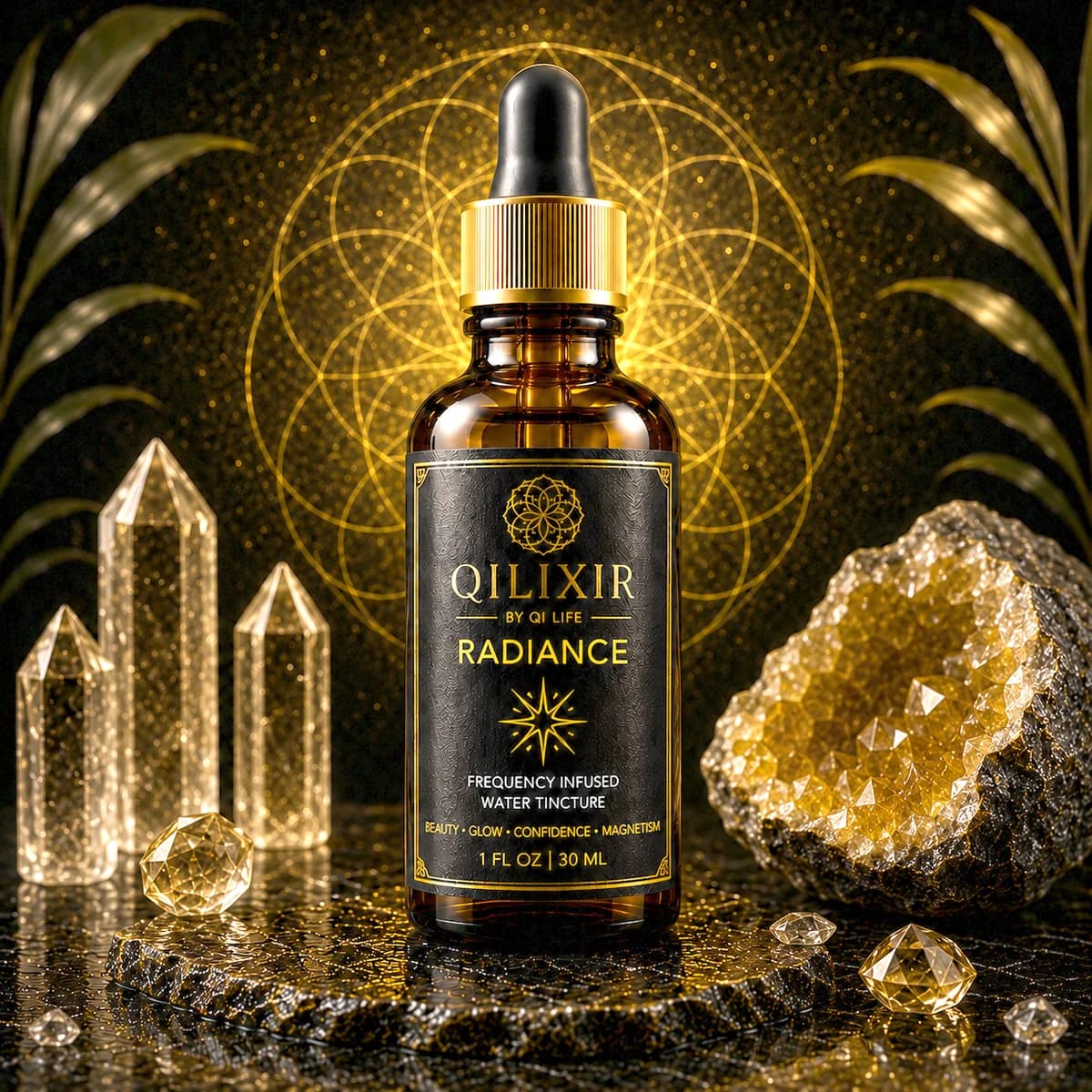 Mørk dråpeflaske med gullpipette og etiketten «Qilixir Radiance» mellom gylne krystaller