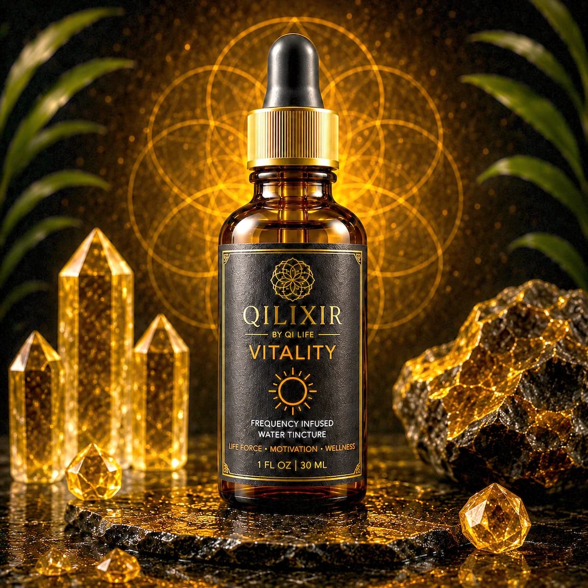 Mørk dråpeflaske med gullpipette og etiketten «Qilixir Vitality» mellom gylne krystaller og et gyllent mønster