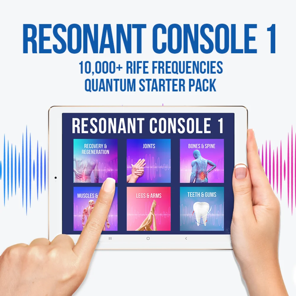 Nettbrett i en hånd som viser Resonant Console 1 med fargede ikoner og teksten «10 000+ Rife Frequencies»