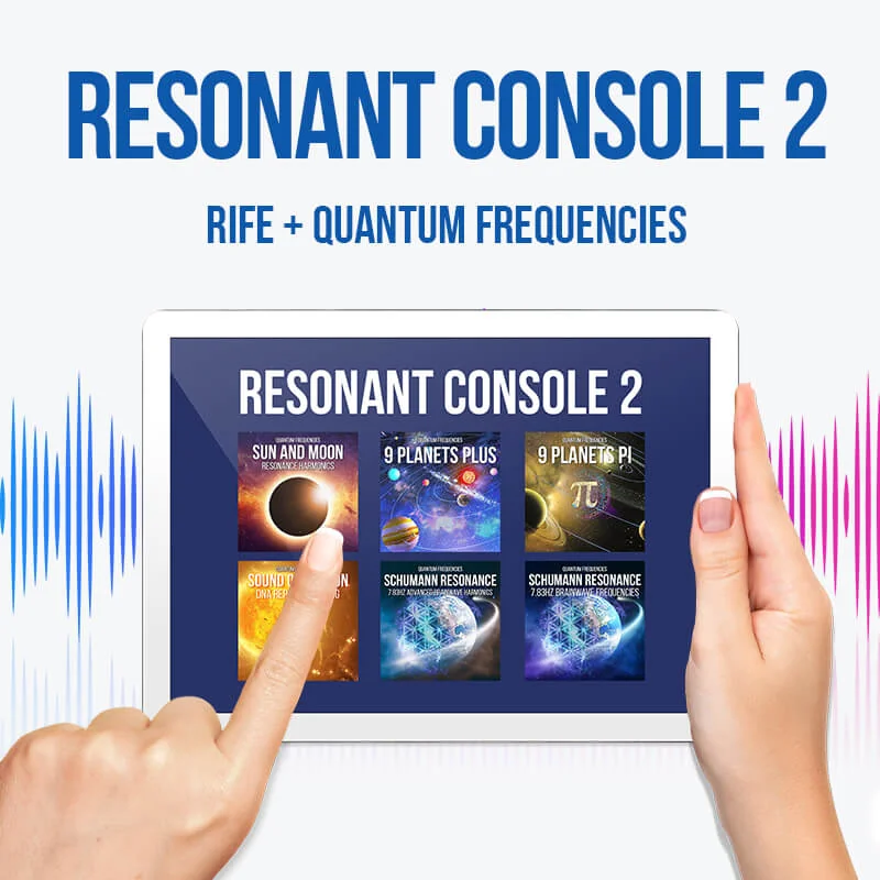Nettbrett i en hånd som viser Resonant Console 2 med fargede ikoner og teksten «Rife + Quantum Frequencies»