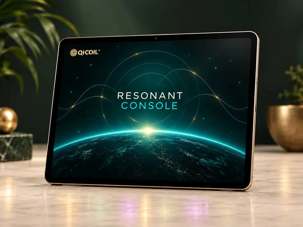 Nettbrett merket «Resonant Console» på en benk med varmt lys og et gullfarget produkt i bakgrunnen
