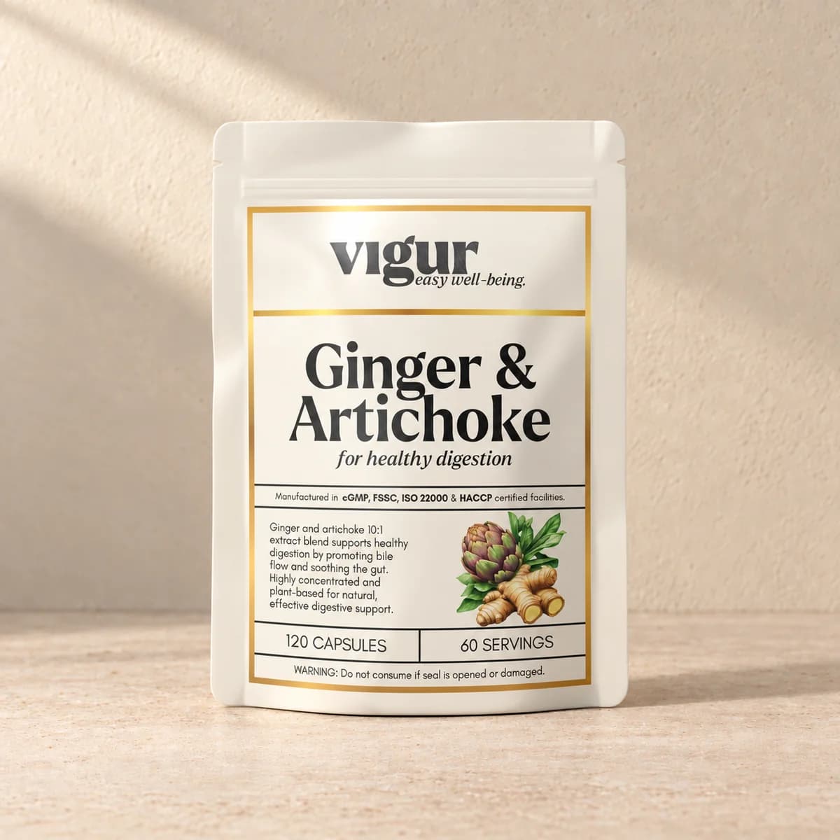 Lys pose med etiketten «Ginger & Artichoke» og Vigur-logo på beige bakgrunn