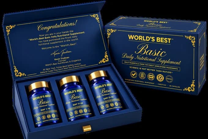 Mørkeblå presentasjonsboks med gullskrift og åpent lokk med tre blå flasker, World's Best Basic Daily Nutritional Supplement