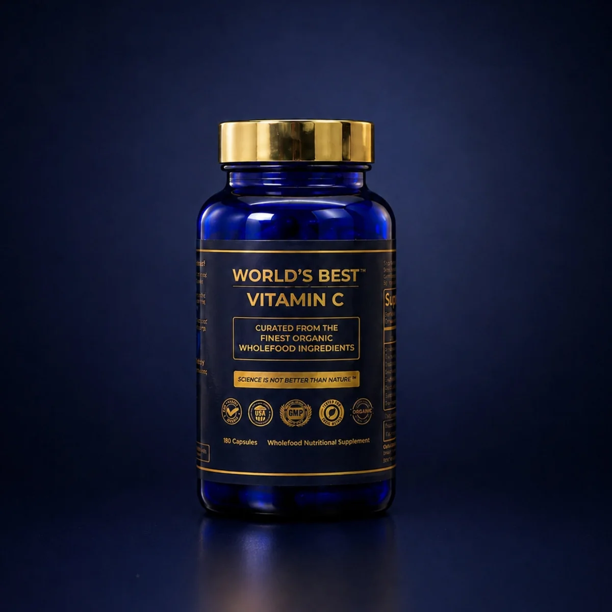 Blå glassflaske med gullkork og svart etikett med gullskrift: World's Best Vitamin C, mot mørkeblå bakgrunn