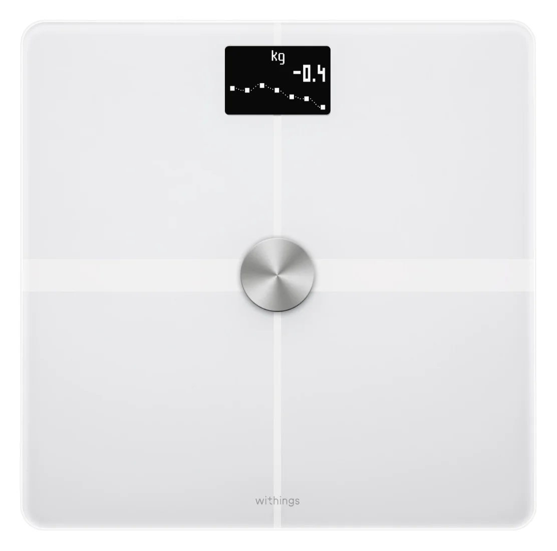 Hvit Withings Body+ smartvekt i glass med lite display øverst og en rund knapp i midten, sett ovenfra